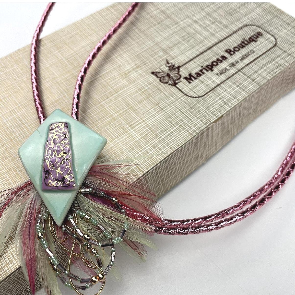 Vintage 80s Womens Bolo Tie Nib Southwest Pink Leather Cord Ceramic Feathers